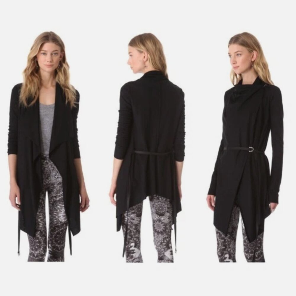 Helmut Lang Black Sonar Wool Drape Front Cardigan with Leather Belt